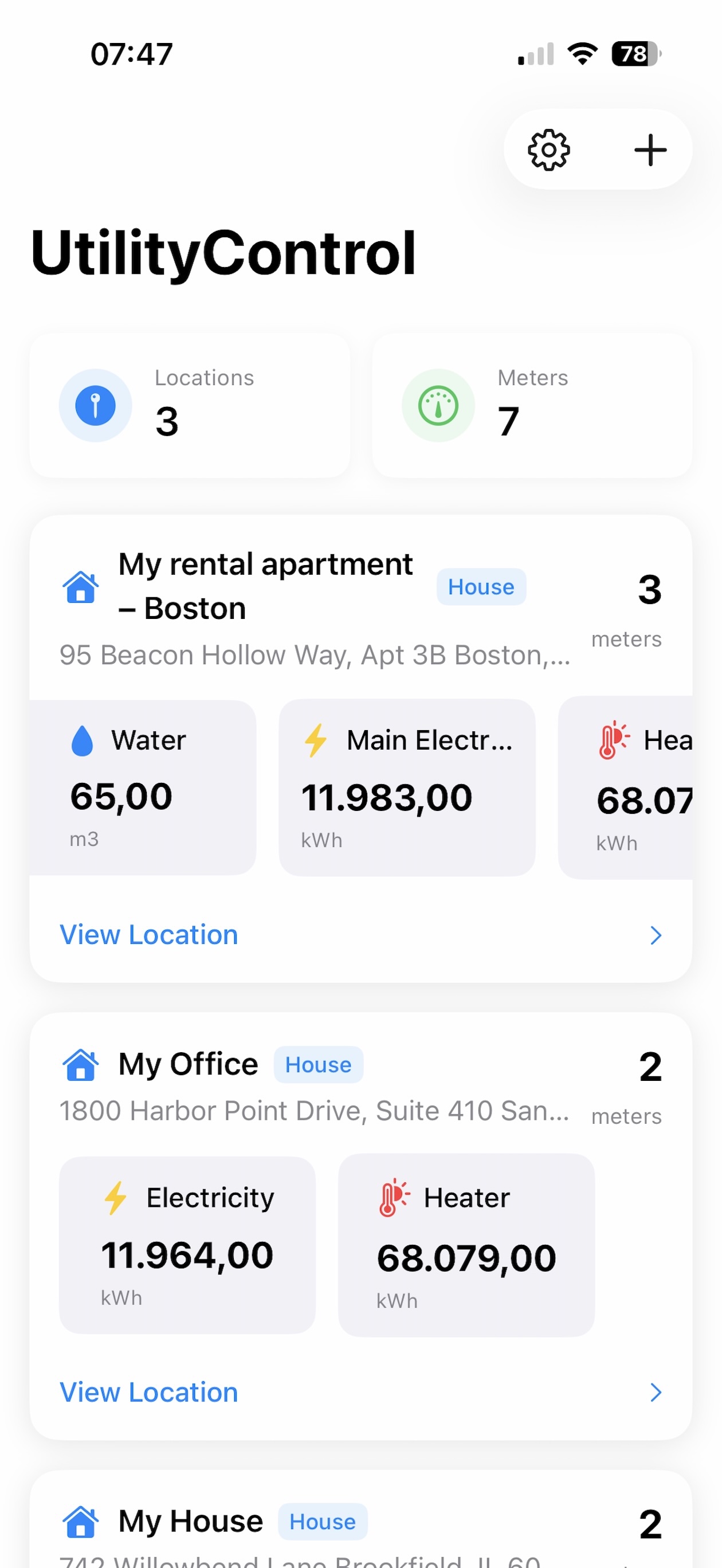 UtilityControl dashboard showing multiple locations with electricity, water, gas, and heating meters organized by property, displaying consumption data and analytics