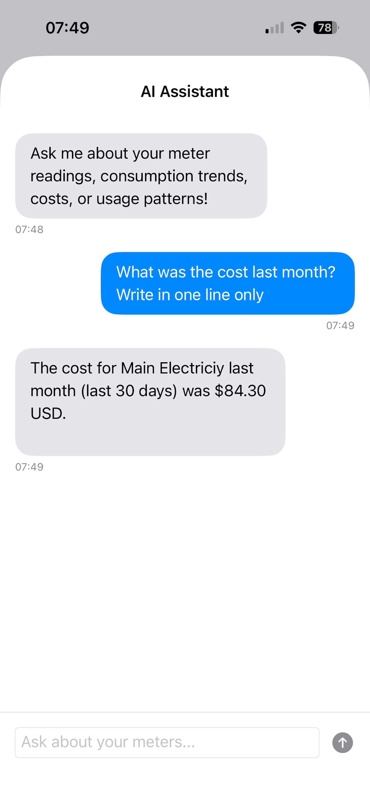 AI chat examples showing predefined prompts for quick questions about monthly usage, consumption trends, cost comparisons, and daily averages