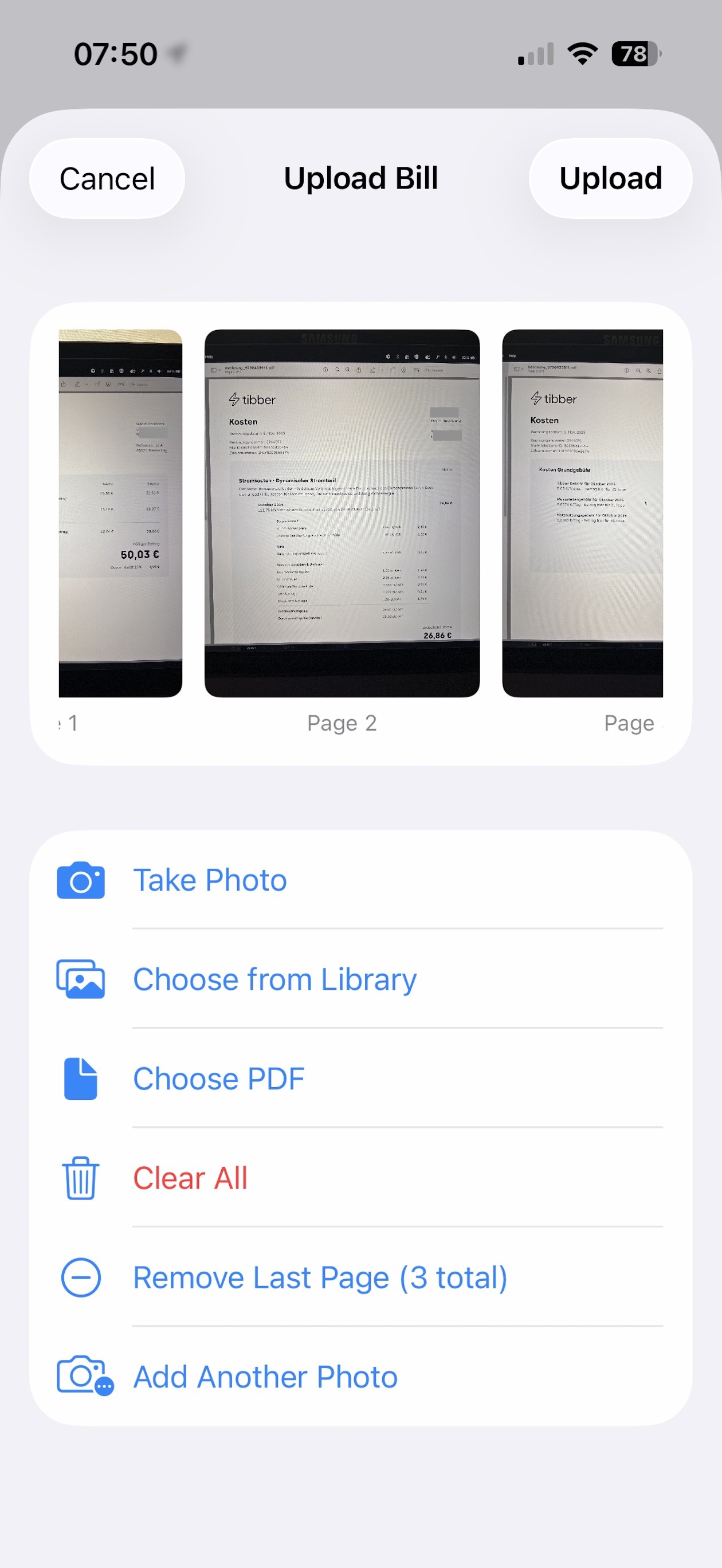 Utility bill upload interface showing photo upload option with automatic OCR data extraction and comparison with meter readings for accuracy verification