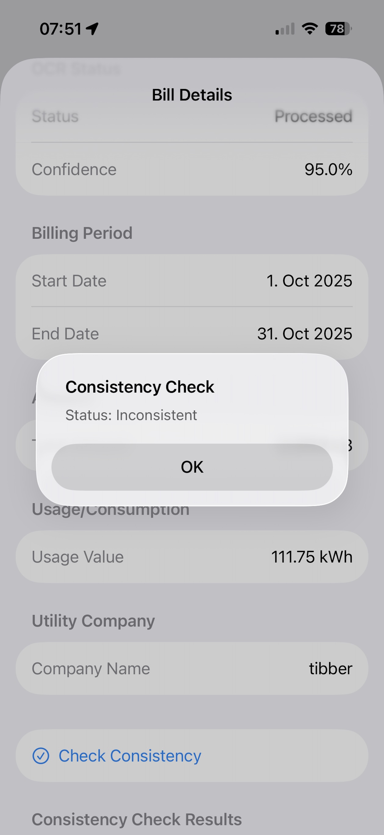 Automated consistency check results showing comparison between uploaded utility bill data and recorded meter readings with discrepancy flags and confidence scoring