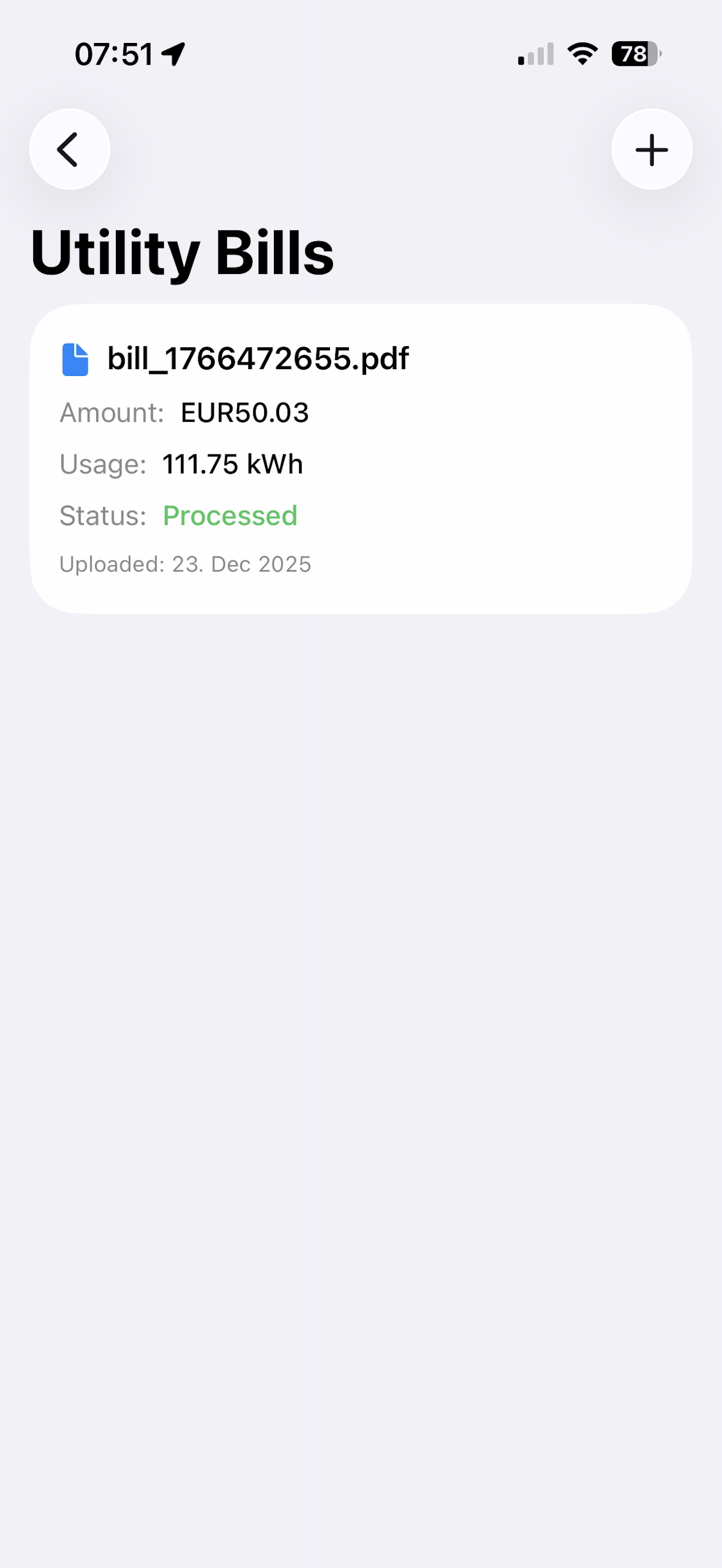 Multi-page utility bill upload interface showing multiple photos or PDF pages being processed together for complete data extraction