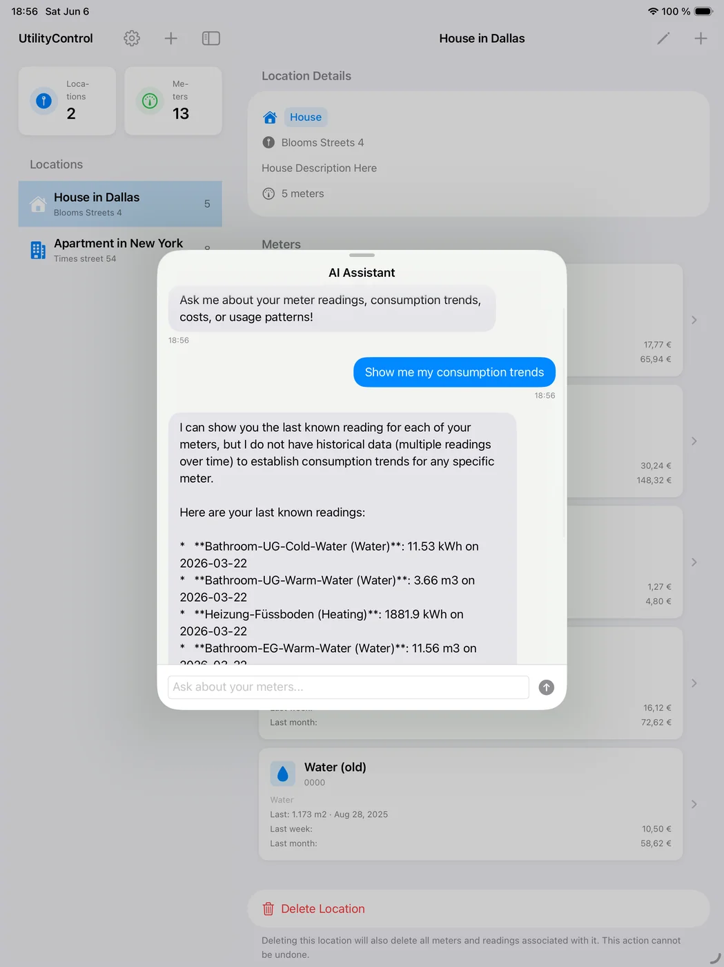 UtilityControl AI assistant honestly explaining it only has last-known meter readings rather than historical trend data, then listing each meter's most recent reading