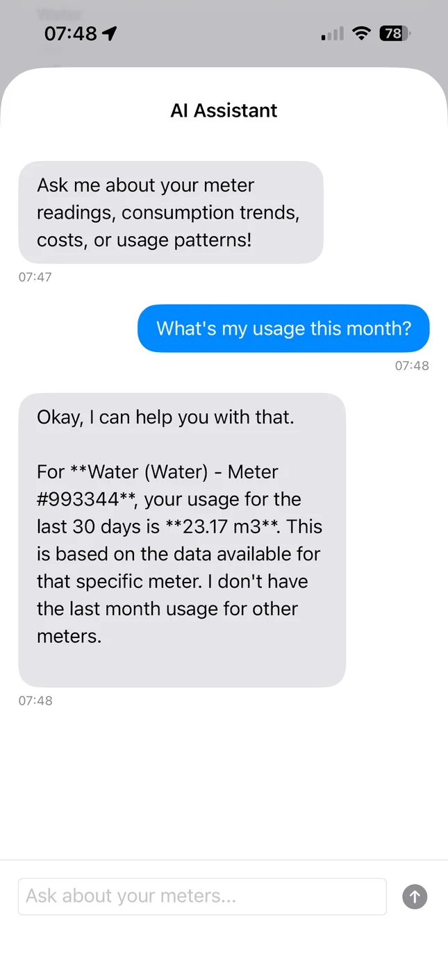 UtilityControl AI assistant answering the question 'What's my usage this month?' with a specific meter, a numeric usage figure, and units