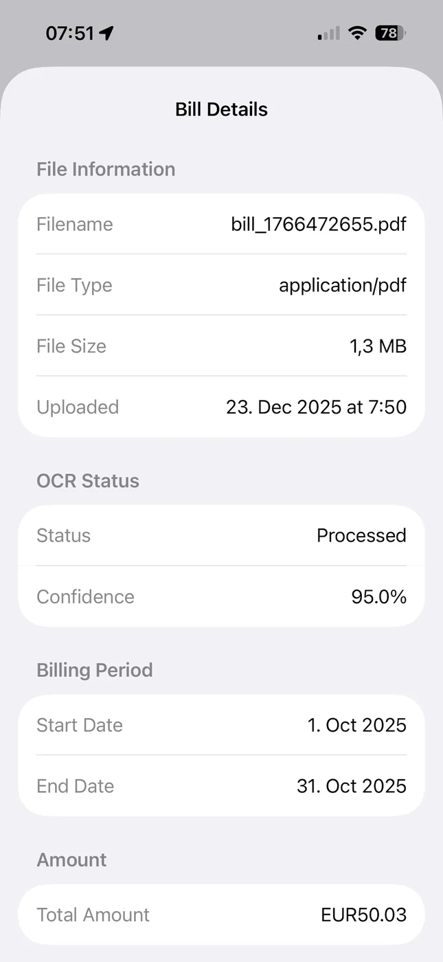 UtilityControl bill details screen showing OCR status Processed, a 95% confidence score, extracted billing period, and total amount from an uploaded electricity bill