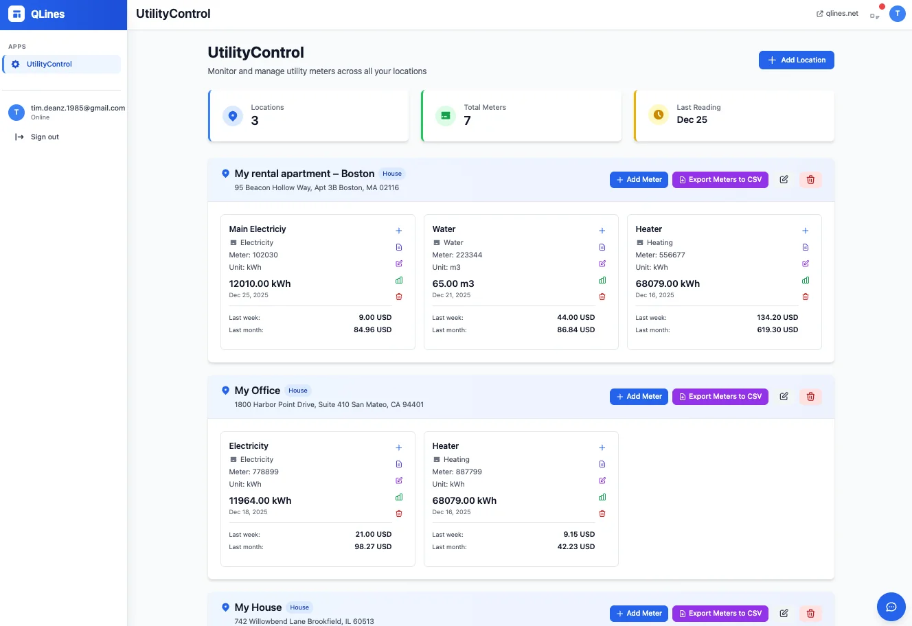 UtilityControl web dashboard showing three properties with meter cards for water, electricity, and heating, each displaying last-week and last-month cost