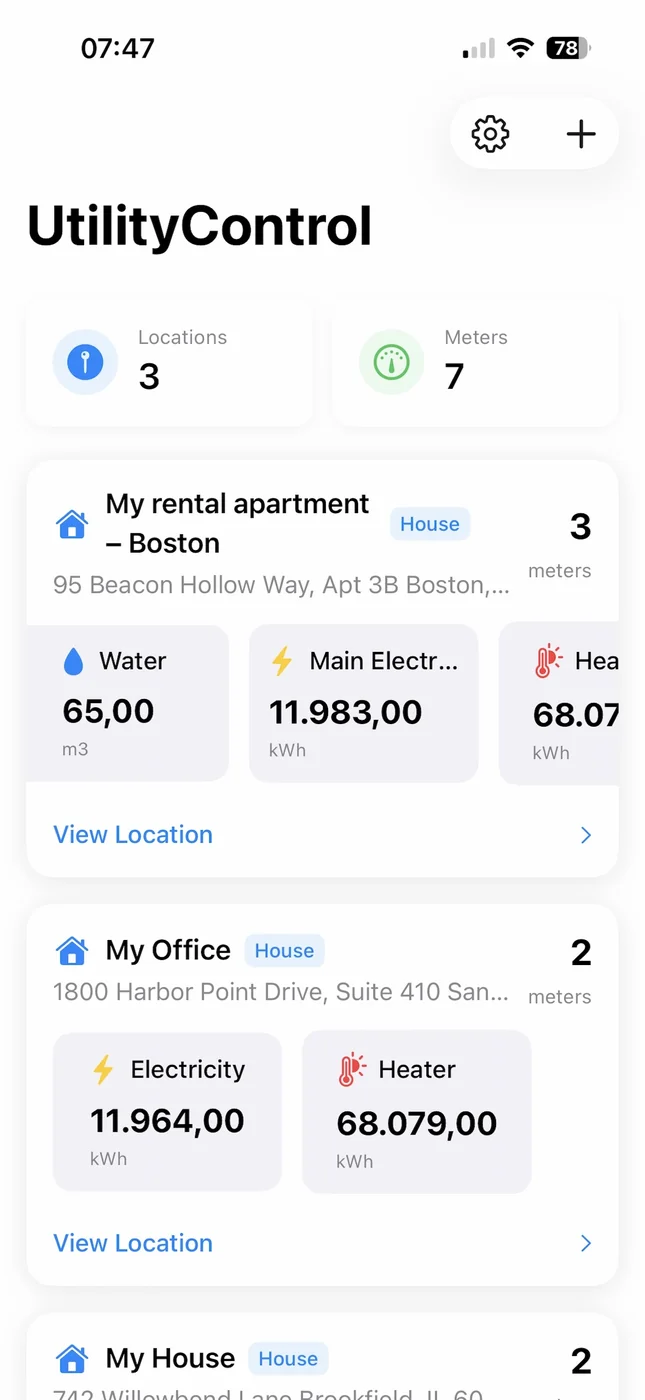 UtilityControl mobile dashboard showing three rental locations with water, electricity, and heating meters and live readings
