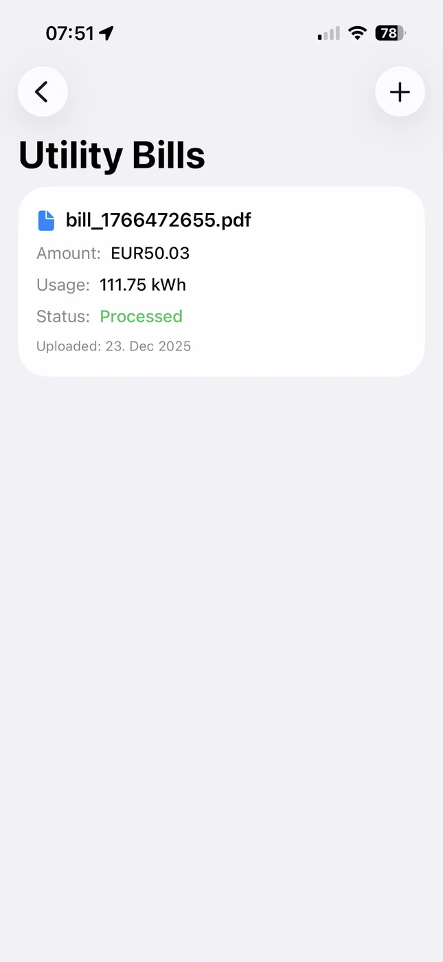 UtilityControl mobile bill list showing a utility bill automatically processed with extracted amount and usage