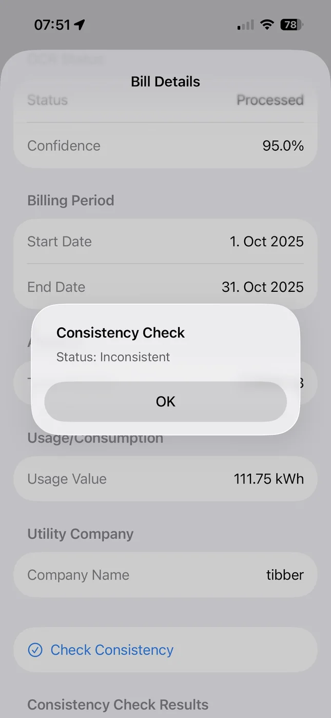UtilityControl mobile bill details screen showing a Consistency Check alert with status Inconsistent for an October 2025 billing period