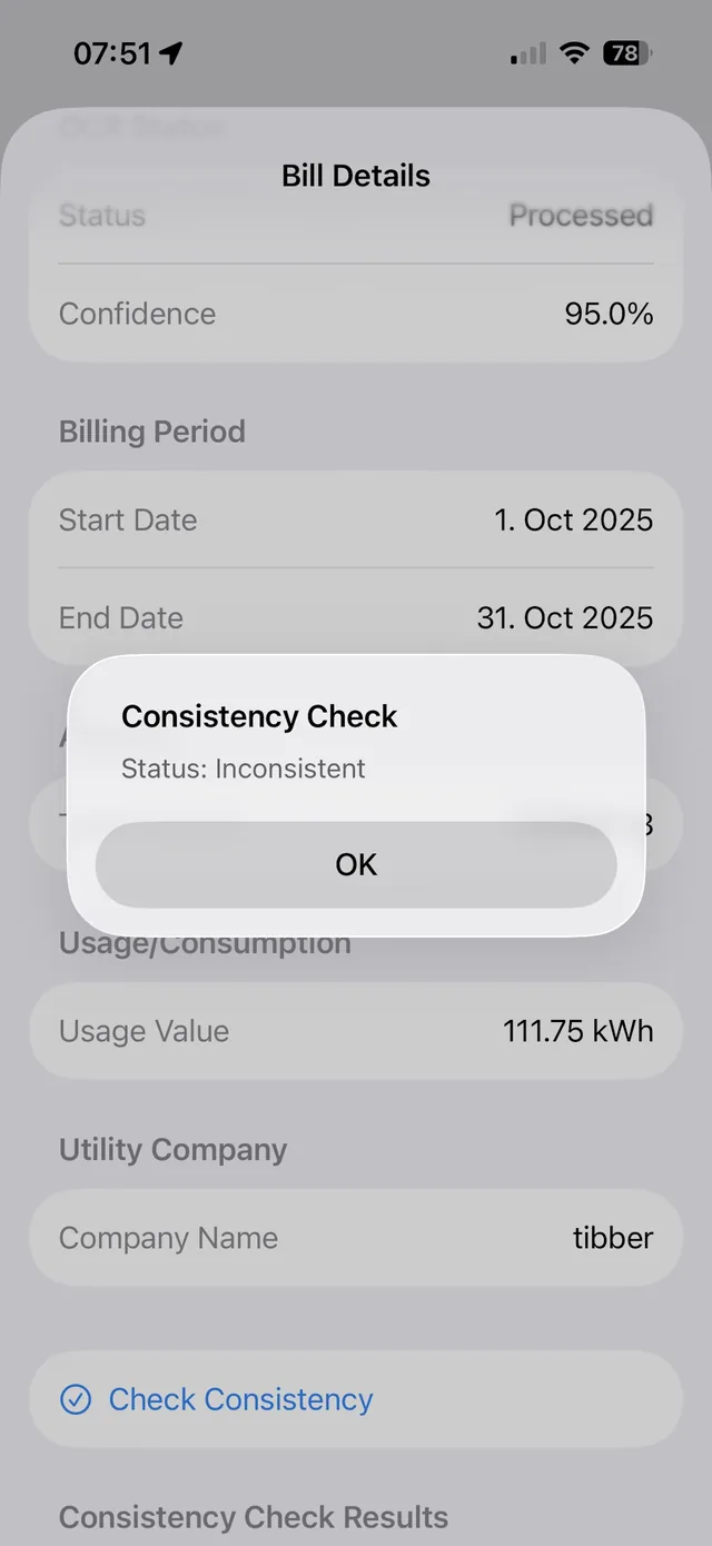 Consistency check comparing uploaded utility bill data with recorded meter readings, with discrepancy flags