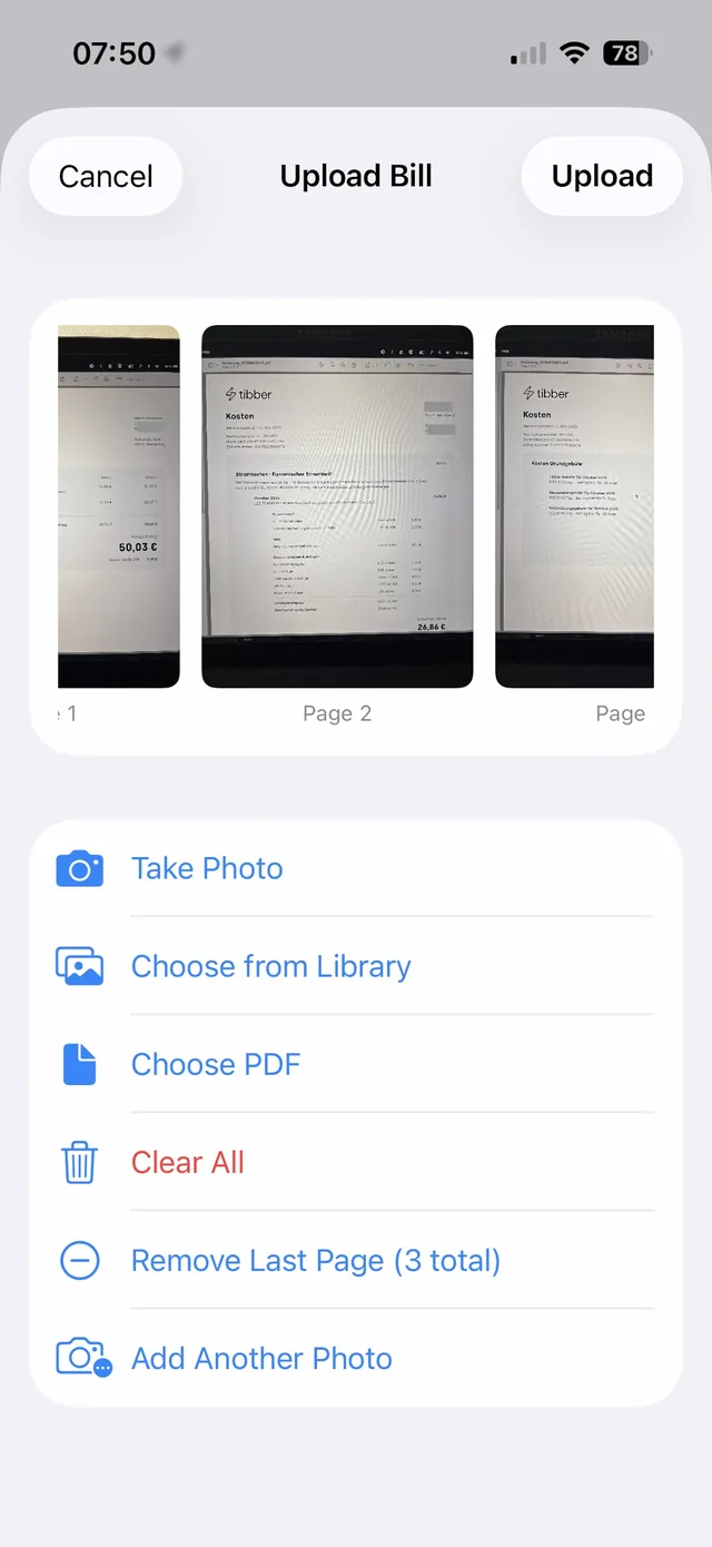 Utility bill upload screen: photo upload with automatic OCR extraction and comparison against meter readings