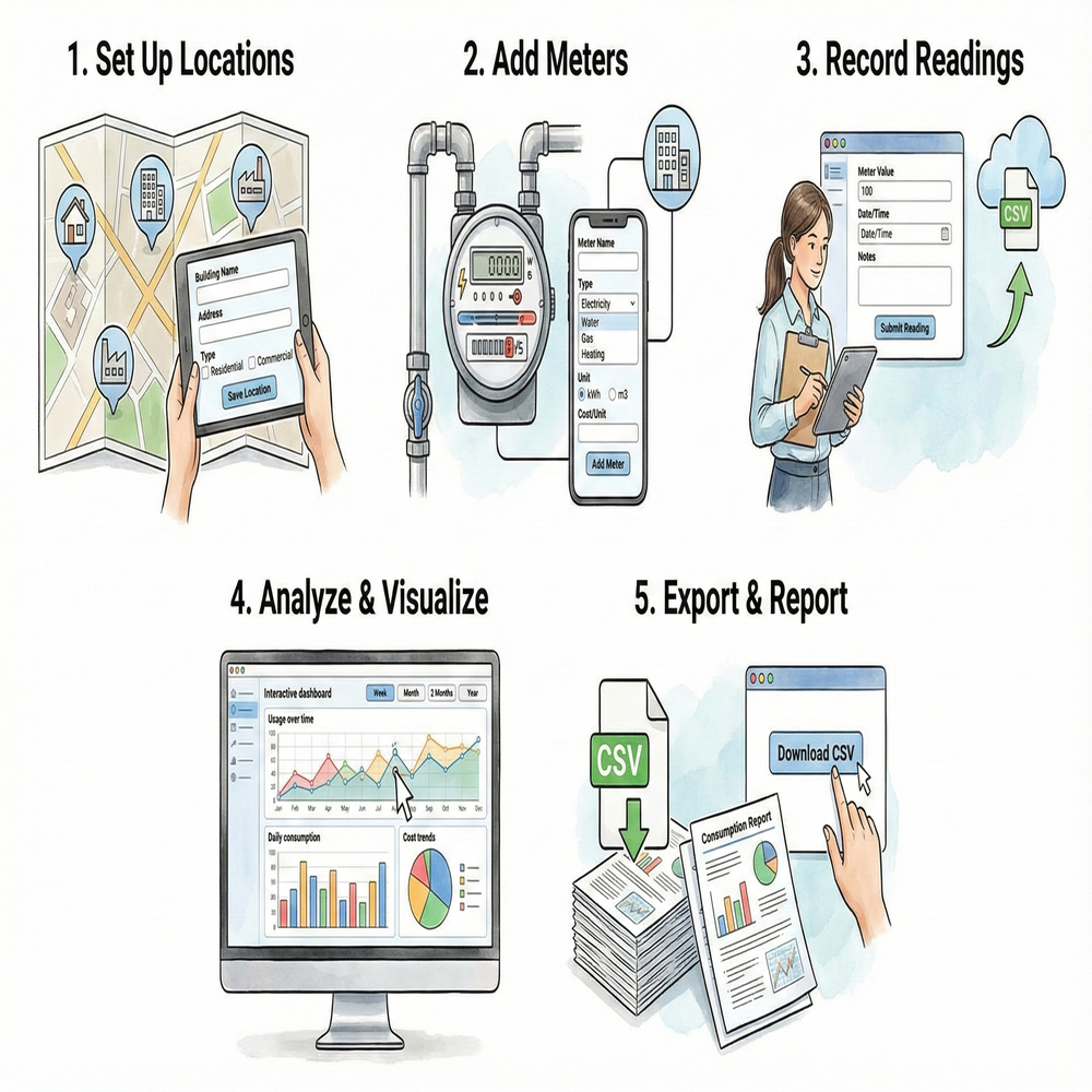 UtilityControl dashboard showing meter readings, consumption charts, and analytics for electricity, water, gas, and heating meters across multiple locations